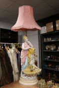 A mid century Italian Capodimonte lamp base by D Polo Uiato decicting classical maiden with Cherub