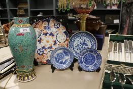 A selection of Oriental styled ceramics including blue and white bowls, Japanese Imari scalloped