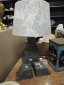 A min century Westmorland slate lamp base with two matching book ends