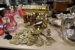 An Art Deco design office desk top lamp in brass with similar brass hardware including candle