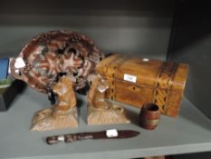 A selection of early 20th century treen wood items including squirrel book ends, Italian style