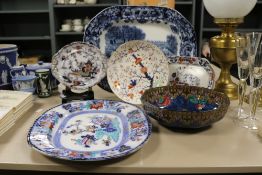 A selection of late Victorian charger plates with Losol ware Magnolia bowl