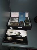 A selection of currency and coins including silver six pence, Art Nouveau pewter stamp box, and