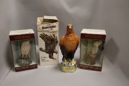 Three ceramic bird form Whisky decanters including Beneagles Golden Eagle, and two Royal Doulton