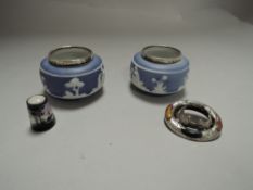 Two small 2oth century Jasper ware containers having HM silver rims with a 925 silver enamelled