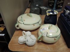 Two Woods Ivory Ware tureens with a Denby water jug and cruet set