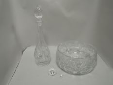 A modern clear cut crystal fruit bowl in a Bohemian style with similar decanter