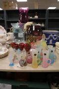 A selection of vintage and modern glass wares including large purple stemmed brandy glass and