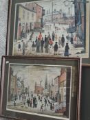 L S Lowry, (1887 -1976), after, two prints, Lancashire Village, 38 x 52cm, 51 x 65cm, and similar,