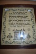 A glazed and framed William IV sampler worked by Ann Davis, April 27th 1835.