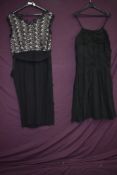 Two dresses, around early 1950s, one of gathered chiffon, the other, black wool crepe to pleated