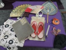 A collection of vintage oriental items including purse, shoes with box and fans.
