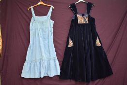 A 1970s Anna Belinda velvet A line dress having patterned quilted accents to bodice, also included