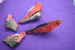 Two pairs of Chinese lotus shoes for bound feet,around late 19th century, remarkable embroidery