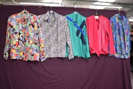 Five bright and cheerful 1980s blouses, various sizes and styles.