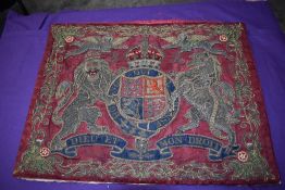 An Edward VII bullion work Household Cavalry Trumpeters Banner, The Royal Coat of Arms. Some wear bu