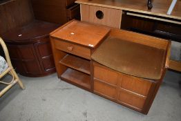 A vintage Nathan telephone seat and a low corner cupboard base having darker stained finish
