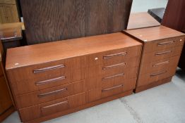 A vintage teak G plan bedroom chest of four by four drawers and a similar narrow dressing chest