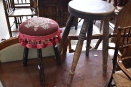 Two antique stools, not a pair , one three legged gypsy style and other having four turned legs