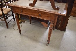 A Victorian side table having skiver leather inset top and dummy drawer front , turned legs on pot