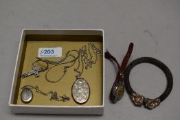 Two white metal lockets and a cross pendant, all stamped silver, a woven white metal bangle with
