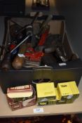 A selection of 20th century hardware and building tools including door locks and scotch brace