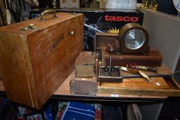 An asssortment of vintage treen including 1930s mantel clock, boxes, cutlery tray and similar.