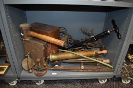 A miscellany of vintage hard ware, brass pumps, mallet, blow torches and much more.