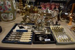 A selection of plated ware and vintage flat ware including strainer, forks, plated tea pot, sugar