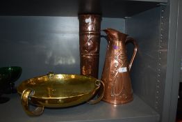 An Arts and Crafts hammered effect three footed brass bowl, a jug having Art Nouveau impressed