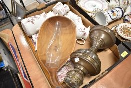 A hand painted tea set with an oil lamp etc