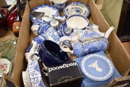 A selection of blue and white ware ceramics including teacups