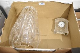 A Waterford small mantel clock with Waterford vase having chips to rim