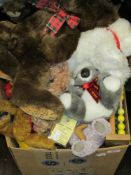A box of childrens soft toys and teddy bears including Early Learning centre