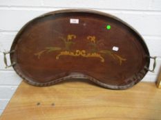 An early 20th century large kidney shaped tray having inlaid design and edging and brass handles.