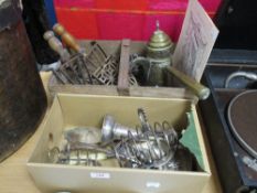 A selection of antique and later hardware and silver plated items including Turkish coffee pot,