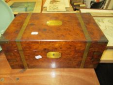 A Victorian writing slope having brass banding with burr Walnut case