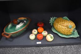 A selection of 20th century Majolica styled tureens including Tellurite casserole and Pineapple form