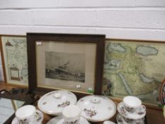 Two European map prints and a Yeoward line shipping print.
