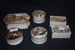 A selection of five Victorian Pratt ware paste pots including Xmas eve, Alas poor Bruin and port
