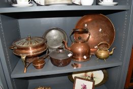 A selection of copper wares including stove kettle, Persepolis spirit pan and sauce pan