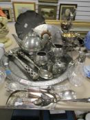 A good selection of silver plated ware including Pewter Arts and Crafts design tea set with tray,