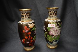 Two Cloisonné enamel vases having chrysanthemum and bird pattern designs