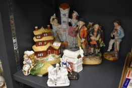 A selection of antique and later Staffordshire flat back figures including model house, spill vase