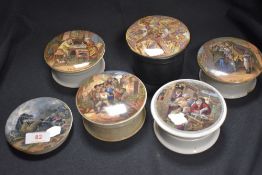 Six late 19th century Pratt ware paste pot lids including The wolf and the lamb, A pair, War and