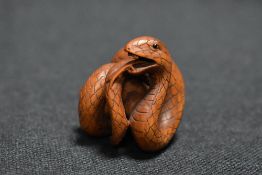 An early 20th century Japanese carved wood Netsuke of a Snake wrapped around a Frog
