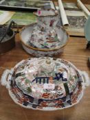 A Victorian Masons tureen and cover AF with a similar era water jug and wash bowl