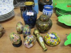 A selection of modern cloisonne including blue ground vase, burgundy ginger jar and eggs