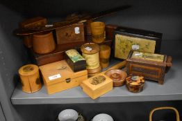 A selection of early 20th century Mauchline treen wares including Burns monument, Morecambe new