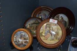 A selection of five Pratt ware paste pot lids including Dangerous, Persuasion and The Trooper